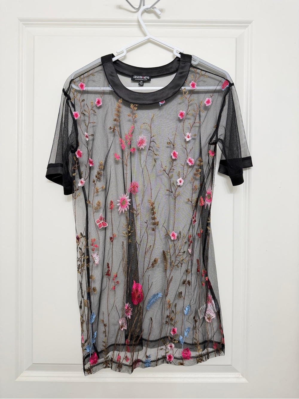Fashion Nova Black Sheer Mesh Short Sleeve Top with Pink Floral Embroidery